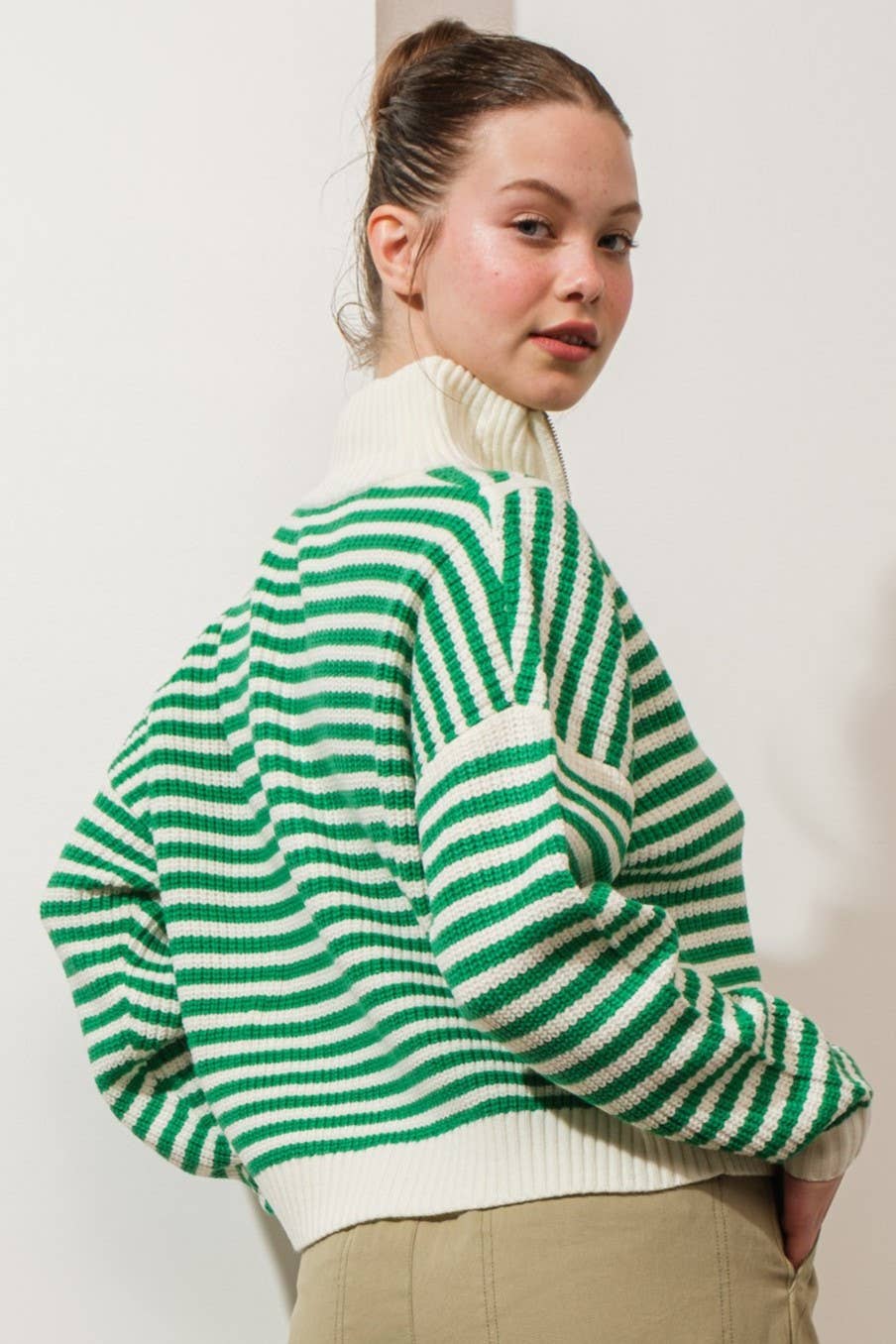 Creamon - Wholesale Knit Sweater - Women's - Preppy Californian Half-zip Striped Sweater-GREEN6