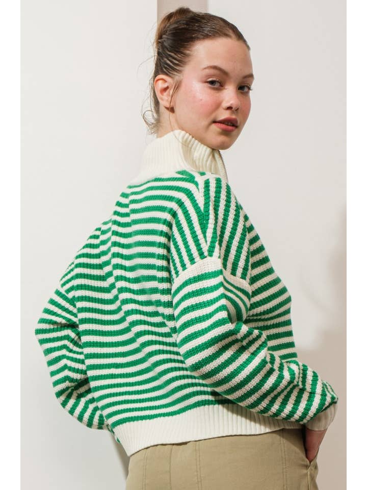 Creamon - Wholesale Knit Sweater - Women's - Preppy Californian Half-zip Striped Sweater-GREEN6