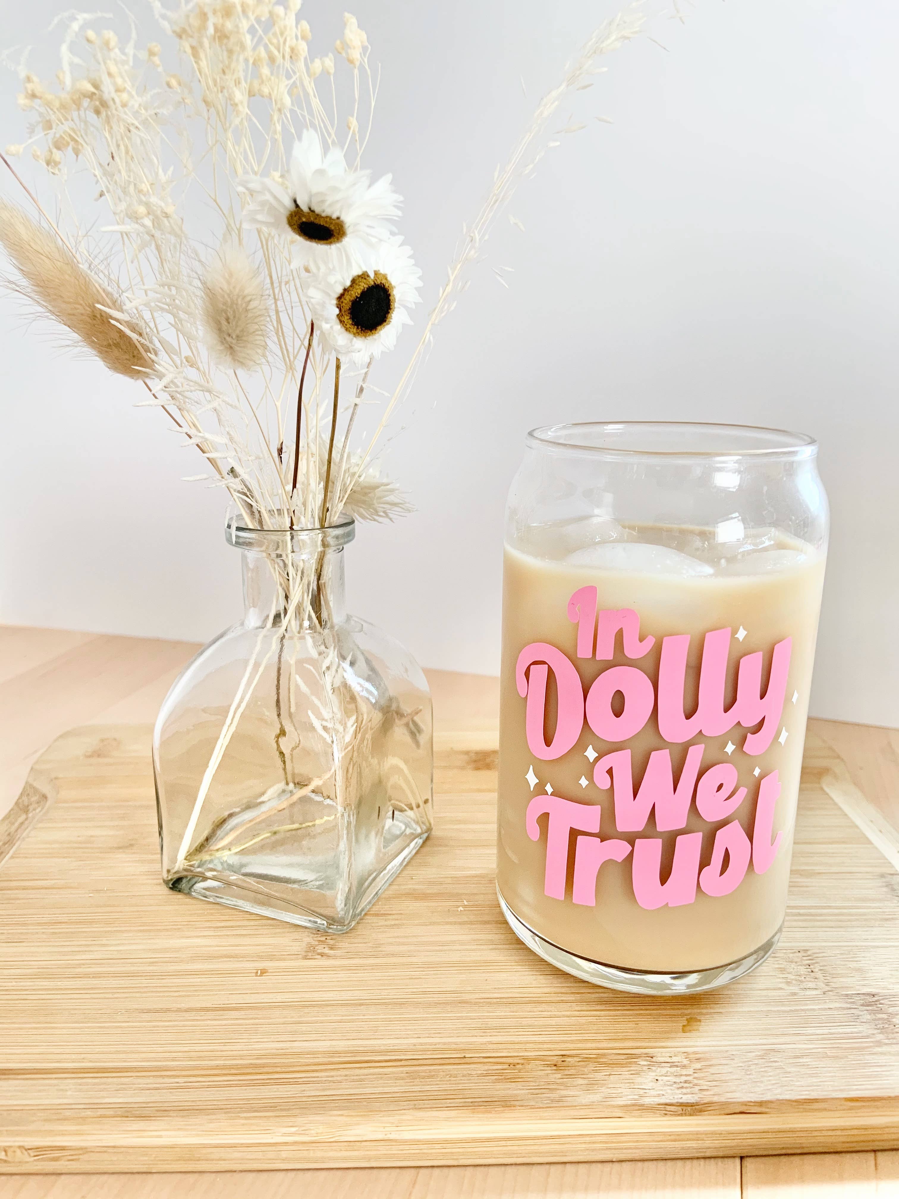 Pink "In Dolly We Trust" 16 oz Glass Cup for wholesale on Faire