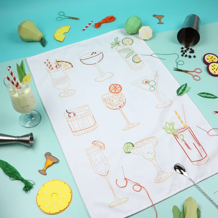 Chasing Threads - Wholesale Tea Towel - Stitch Your Cocktails Tea Towel - Embroidery KitÂ