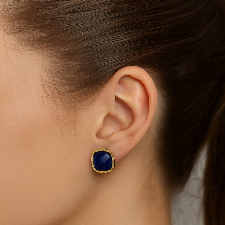 Sodalite Cushion Shape Collet Gold Plated Anti-Tarnish Studs for wholesale by El Joyero