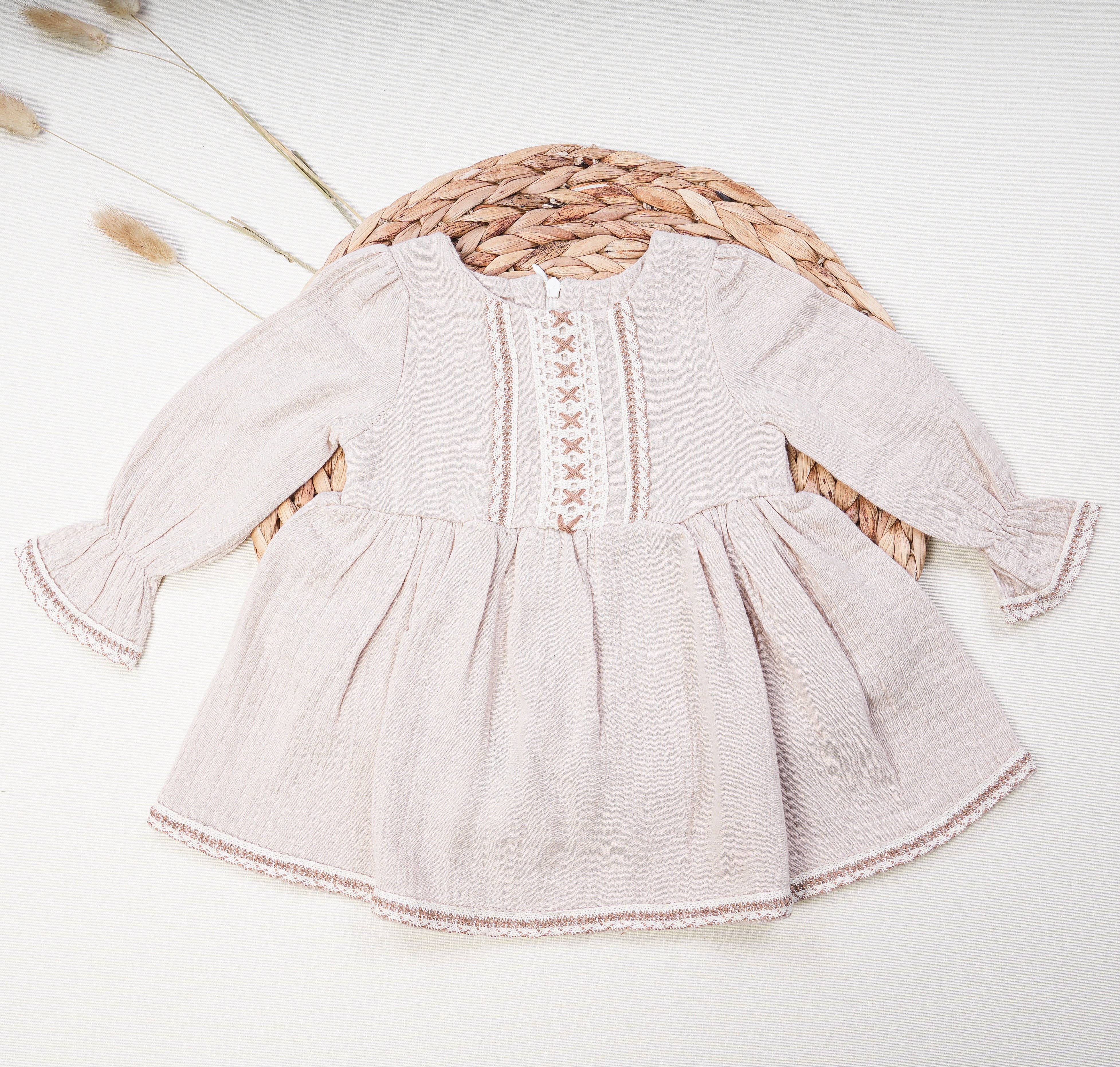 Dreamline - Wholesale Clothing Set - Baby - Baby Girl Muslin Dress and Cardigan Set Beige1