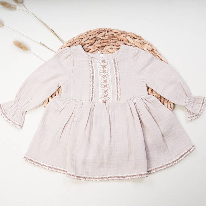 Dreamline - Wholesale Clothing Set - Baby - Baby Girl Muslin Dress and Cardigan Set Beige1
