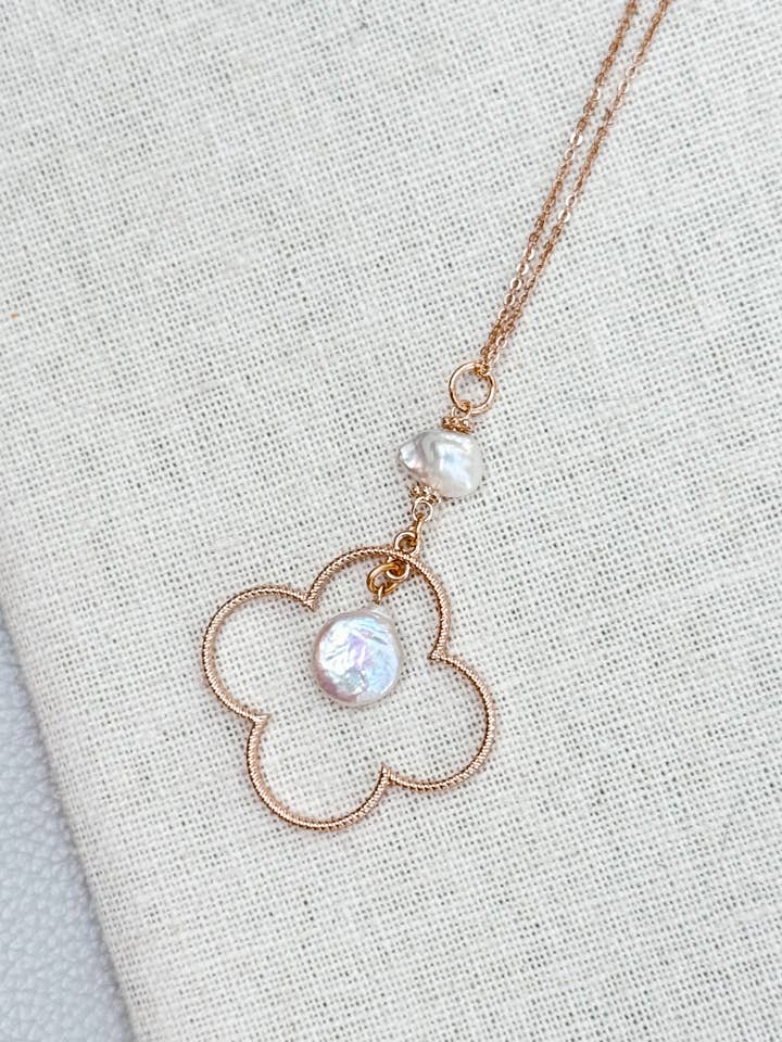 Matte Gold Keshi Freshwater Pearls Clover Pendant Necklace for wholesale by Gracie Rose Designs