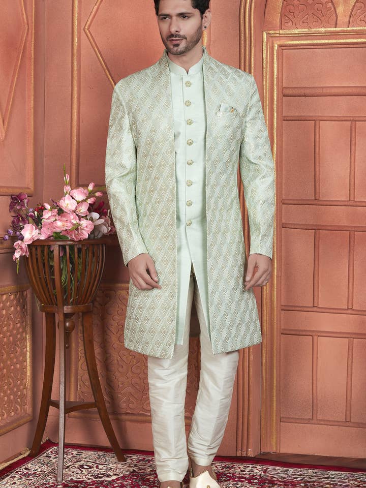 Sherwani Kurta Tradicional Indo Ocidental em Seda Artificial Verde Pista com Casaco e Calças para Homens para Casamento - Trabalho de Bordado com Fios por atacado de HATKE BRIDE