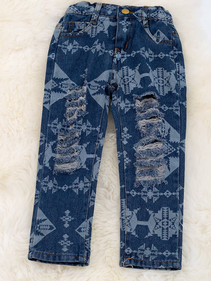 (UNISEX)AZTEC PRINTED DENIM PANTS. PNG60153008-JEANN for wholesale by Kids Charm Online