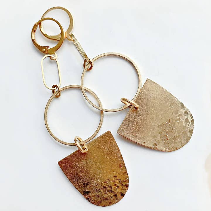 Long Circle and Paddles Brass Modern Textured Earrings for wholesale by Rose and Della