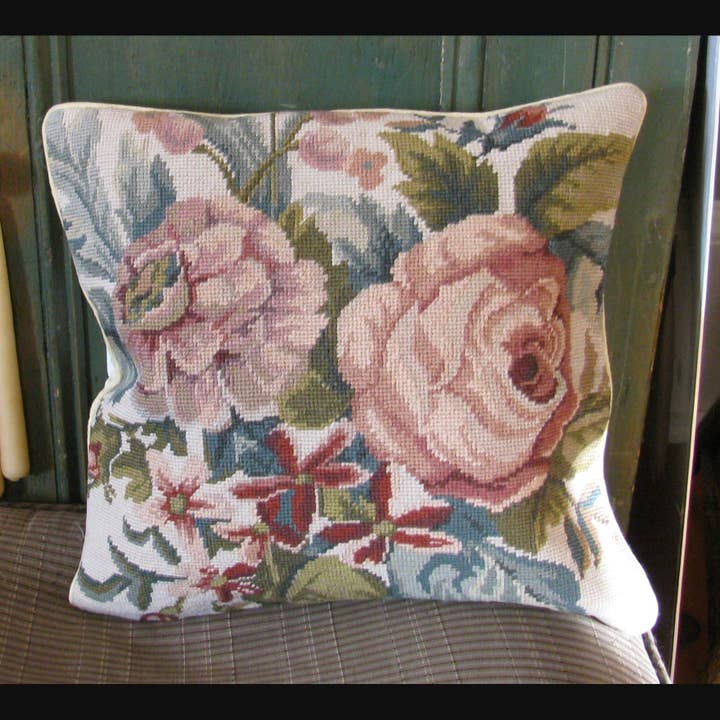 Wool Needlepoint Victorian Roses hand stitched Pillow Cover for wholesale by Eastern Sunrise Lace And Linens Inc.