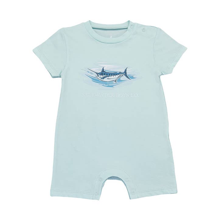 Boys Marlin SS Graphic Tee Romper- Aqua for wholesale by Saltwater Boys Company