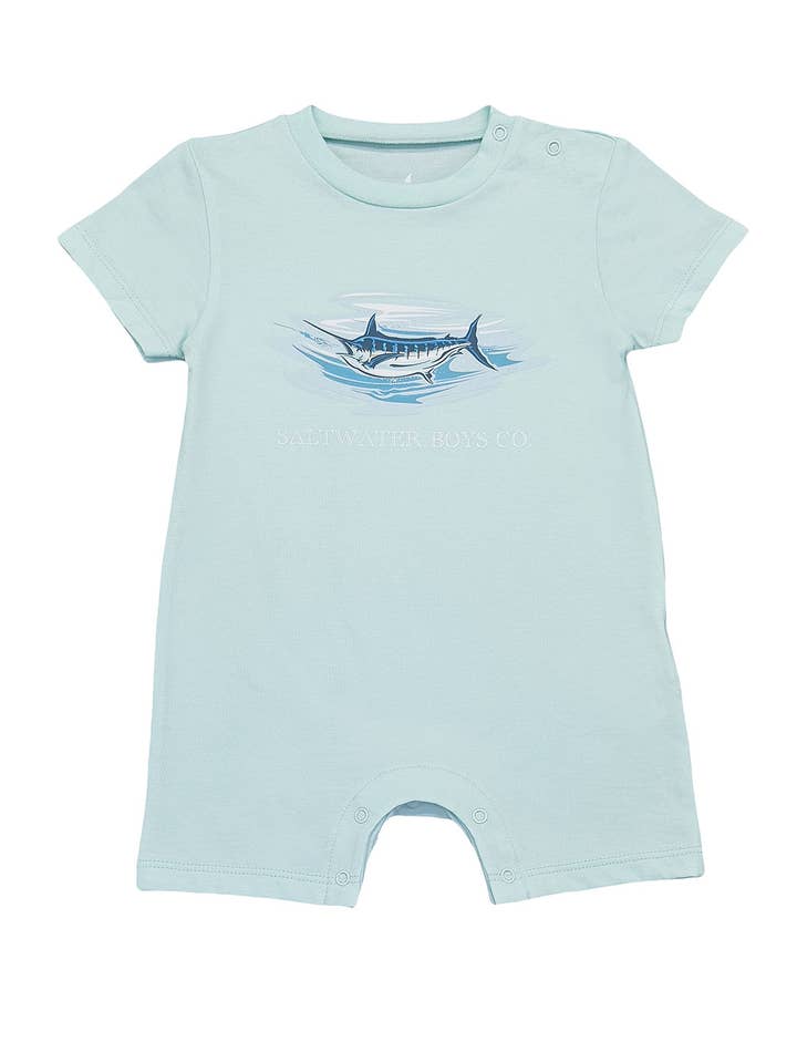 Boys Marlin SS Graphic Tee Romper- Aqua for wholesale by Saltwater Boys Company