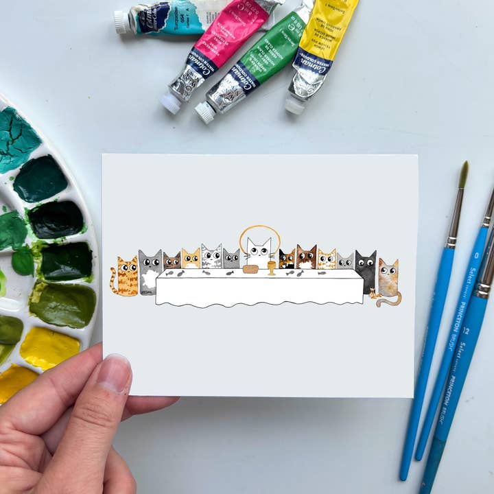 Cat Last Supper Greeting Card – Whimsical Biblical Kitty Art for wholesale by Owlfeathers Watercolor