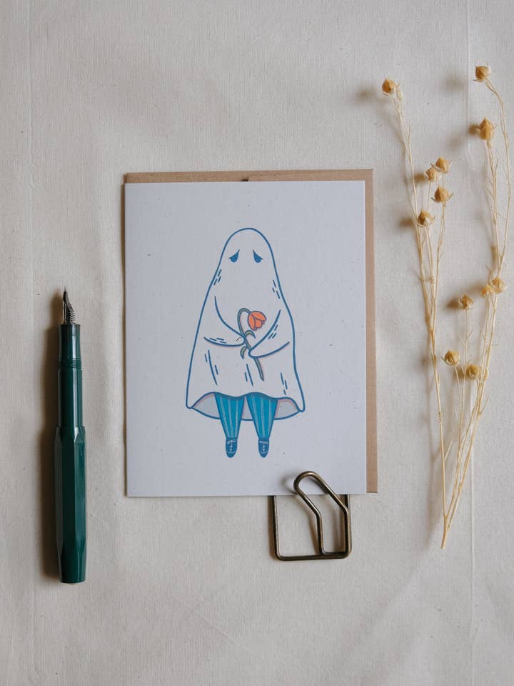 Shy Ghost Greeting Card for wholesale by Justine Gilbuena
