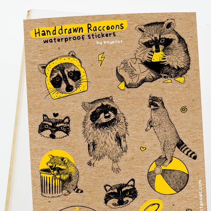 Hand-Drawn Raccoons Sticker Sheet - Waterproof Vinyl for wholesale by BoyPilot Goods