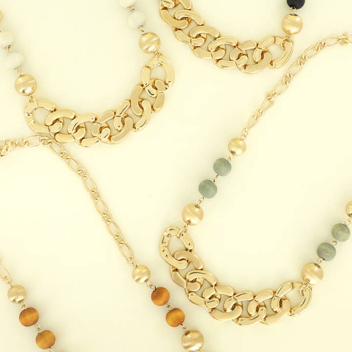 SP Sophia Collection - Wholesale Beaded/Pearl Necklace - Bohemian Cuban Link Chain & Wood Beaded Necklace