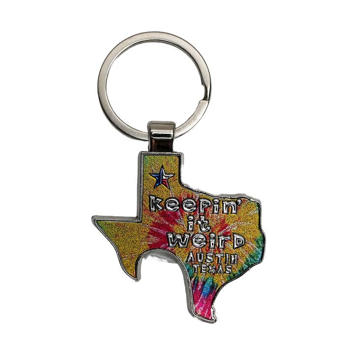 Keepin' It Weird Tie Dye Map Keychain for wholesale by Scruffy's Ventures Inc.