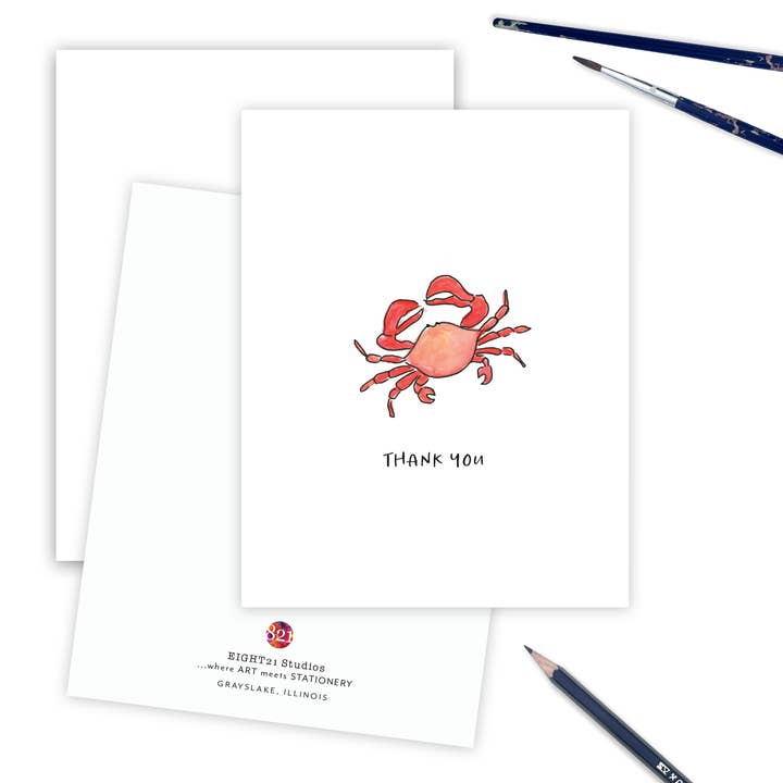 New England Coastal Red Crab Thank You Greeting Card for wholesale by Eight21 Studios + Unique Greeting Cards, Art and Stationery