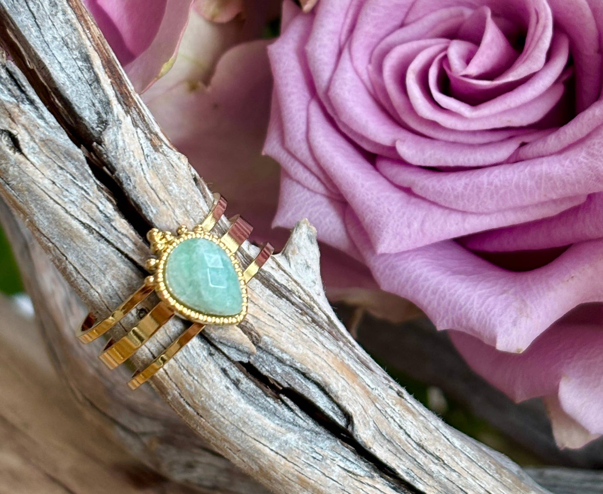 Ocean Ripples – wholesale Cocktail/statement ring – 18ct Gold Plated Amazonite Drop Triple Band Ring