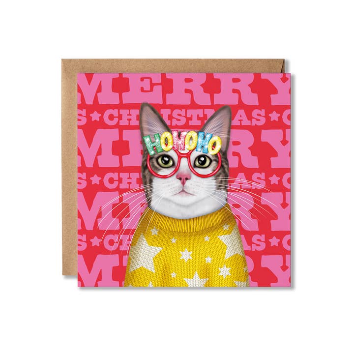 White and Grey Cat Merry Christmas Card for wholesale by Badgerbee Design