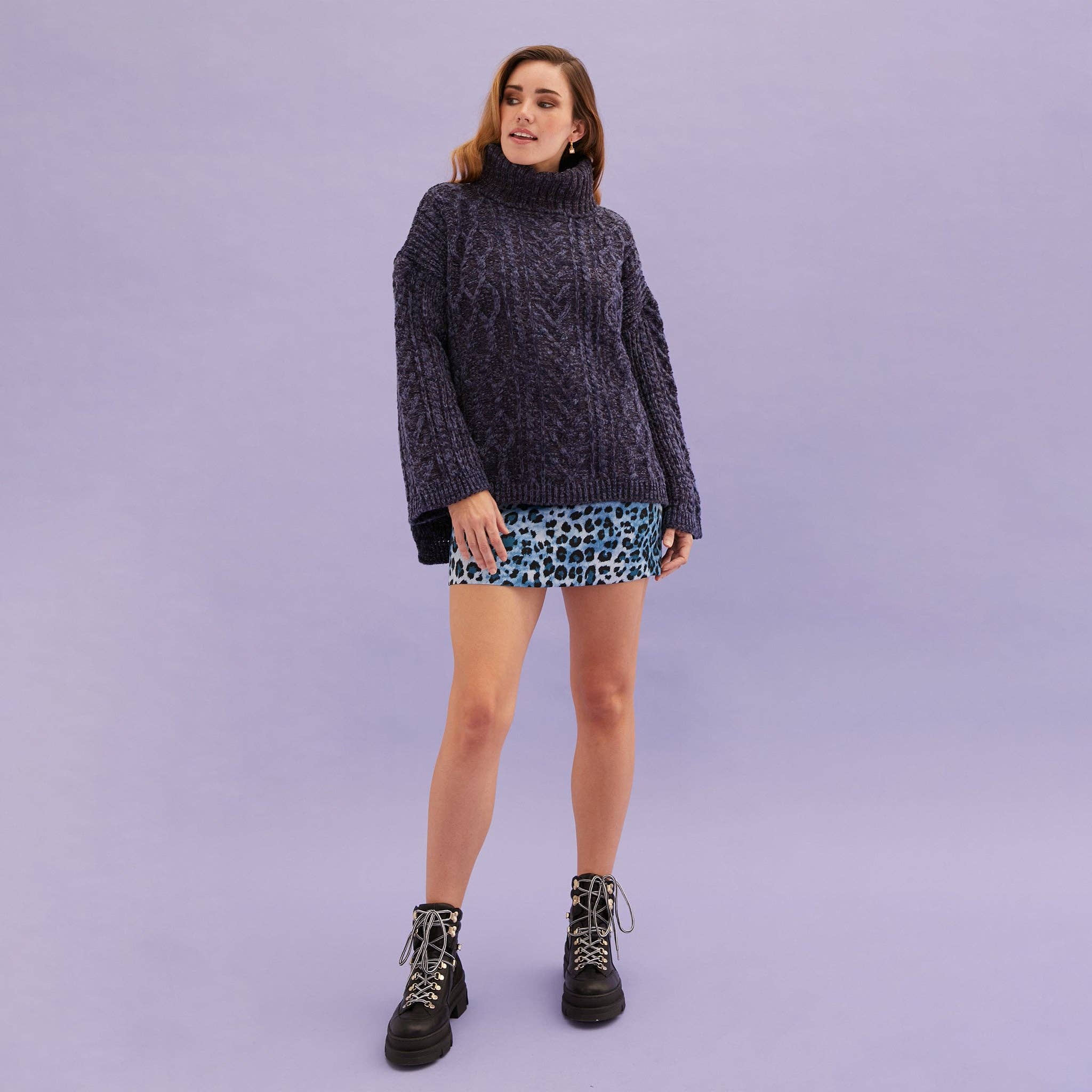 Cara & The Sky - Wholesale Knit Sweater - Women's - Emily Cable Roll Neck Tunic Jumper - Navy Blue5