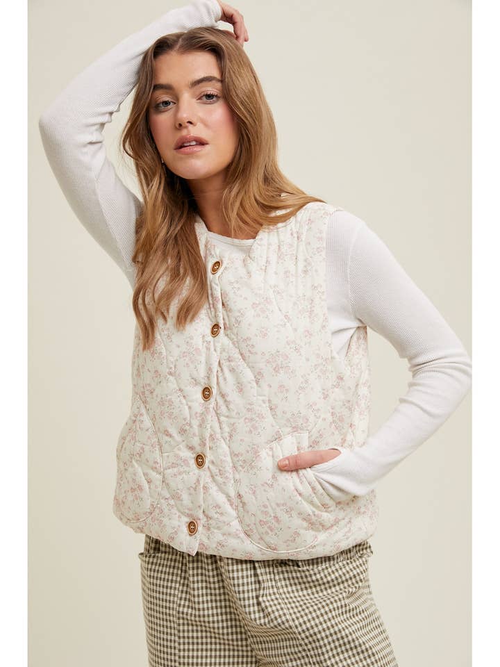 Colete matelassê floral com botões da Wishlist Apparel por atacado de Wishlist Apparel