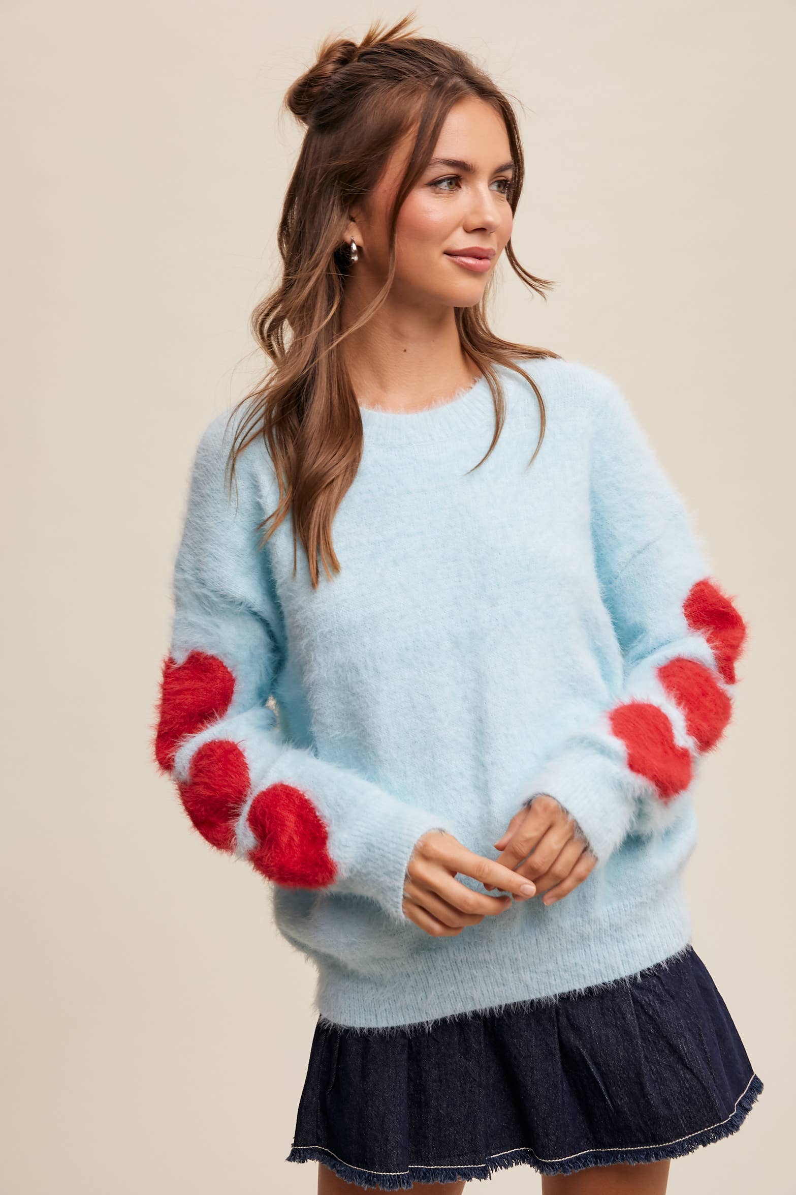 Listicle - Wholesale Knit Sweater - Women's - Fuzzy Heart-Sleeve Pullover Sweater LSW087214