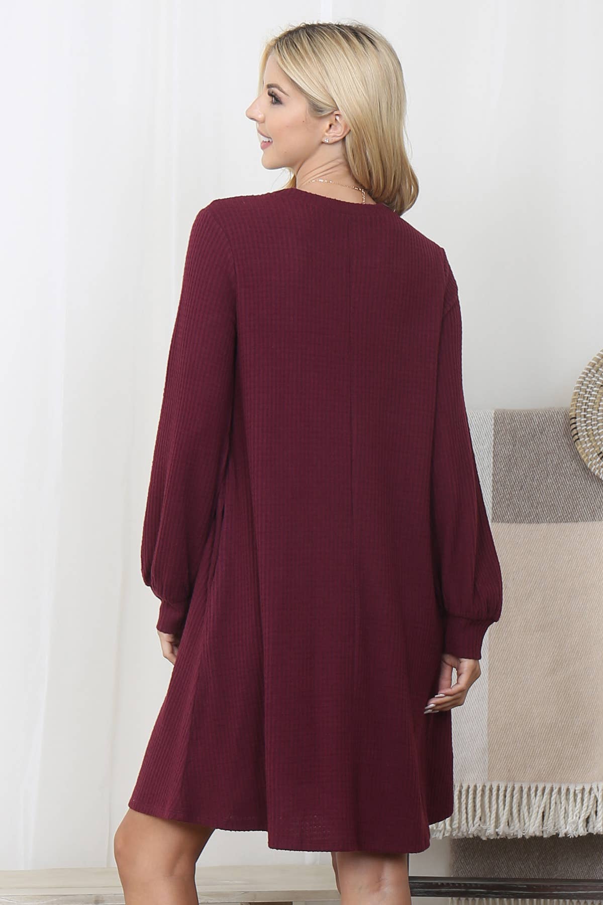 You & Me - Wholesale Dress - Women's - YMD10051V-BRUSHED WAFFLE BUBBLE SLEEVE POCKET DRESS42