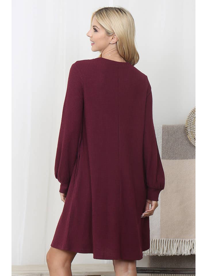 You & Me - Wholesale Dress - Women's - YMD10051V-BRUSHED WAFFLE BUBBLE SLEEVE POCKET DRESS42