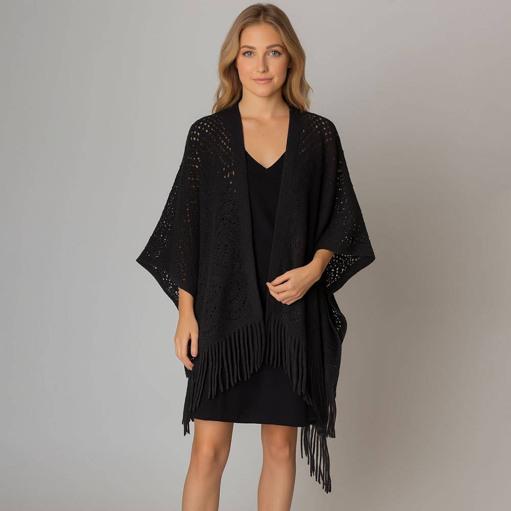 Sensibling Corp. - Wholesale Poncho - Women's - Fringe Open Knit Crochet Draped Shawl Wrap Ruana Poncho0