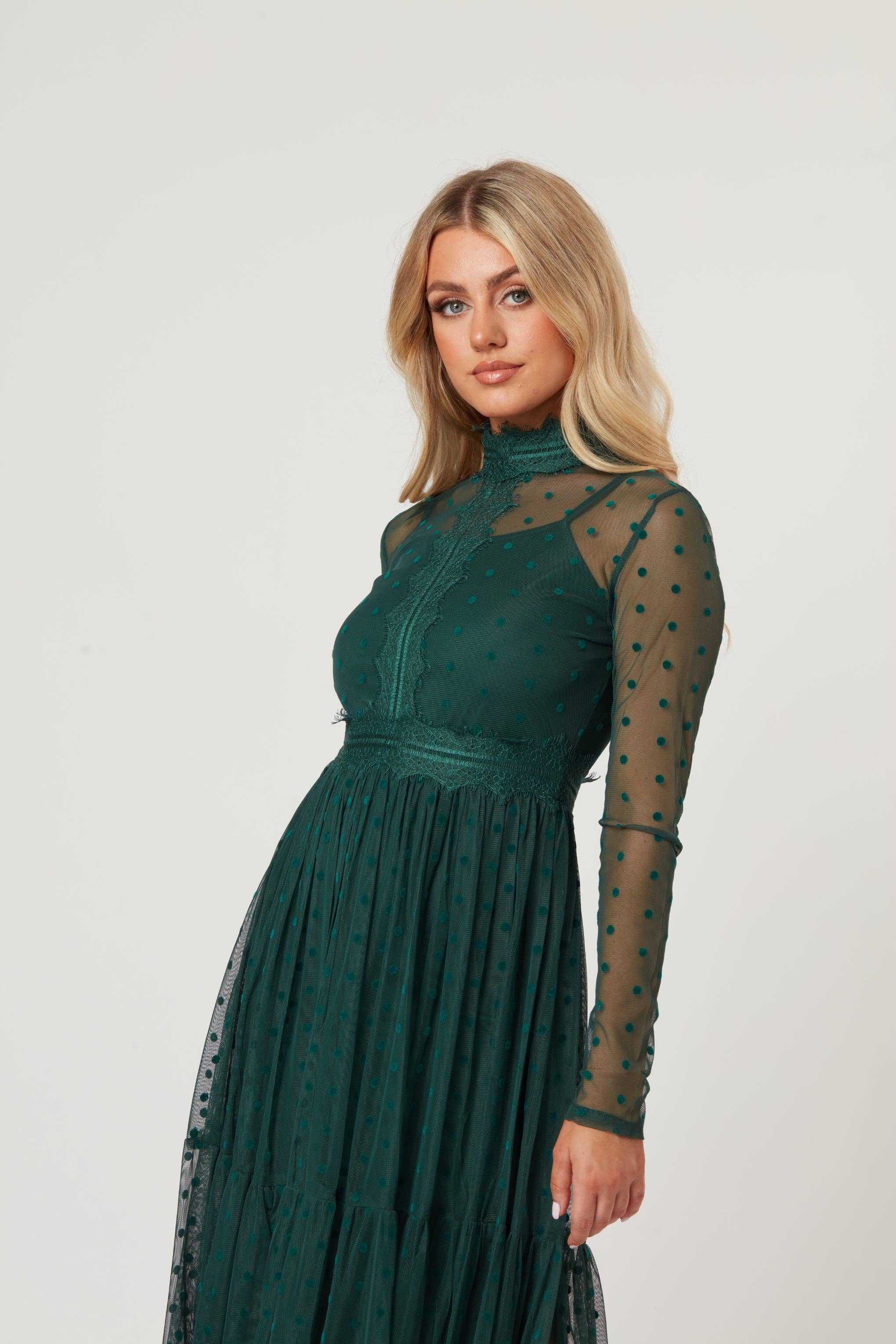 Roman Lola Polka Dot Tulle Midi Dress in Green for wholesale on Faire2