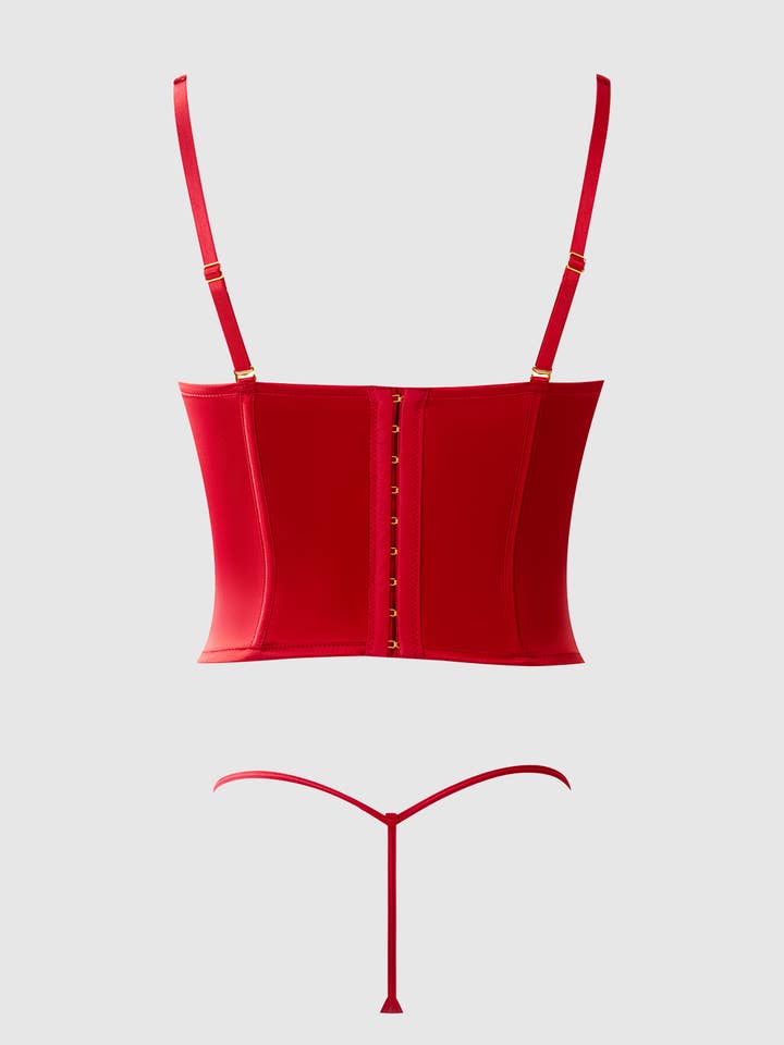 CRIMSON RED BRIGETA SATIN PLUNGE PUSH UP BUSTIER & G-STRING SET for wholesale on Faire