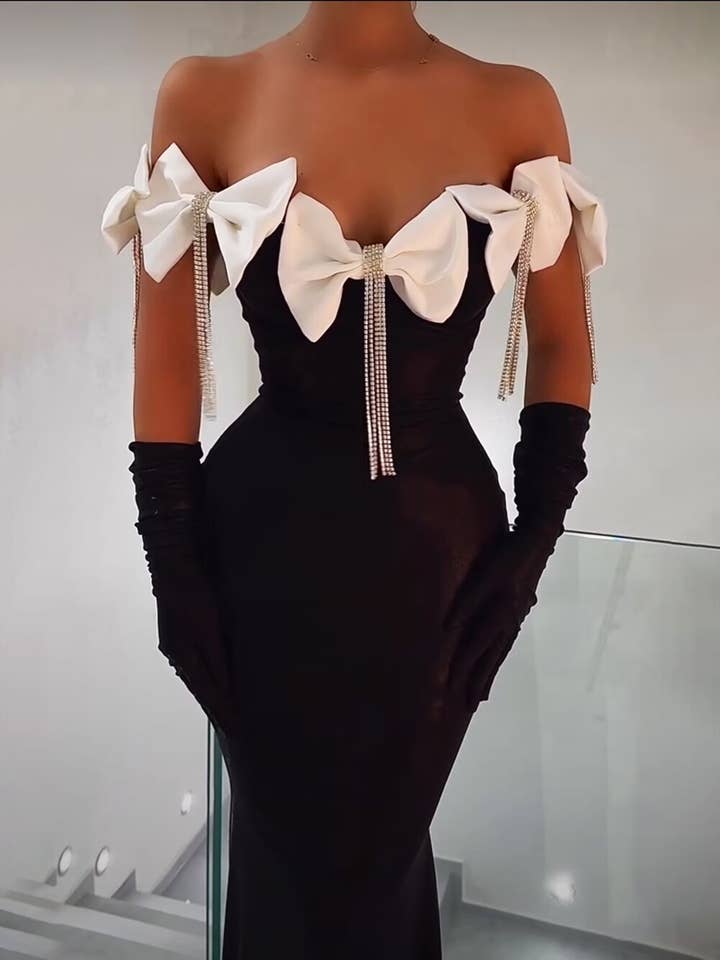 Black SY023 Glamorous White Bow Bandage Evening Dress for wholesale on Faire