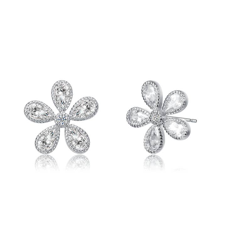 White Gold Plated with Cubic Zirconia Blooming Flower Stud Earrings for wholesale by Genevive