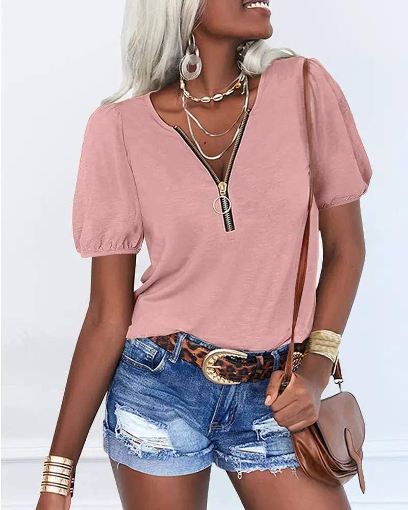 Flarix – Engroshandel Bluse - Dame – lynlås foran puff ærme afslappet t shirt4