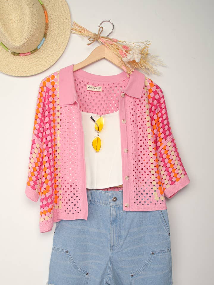 VERY J - Wholesale Knit Top - Women's - NT11636-Relaxed Fit Multi Color Crochet Knit Top