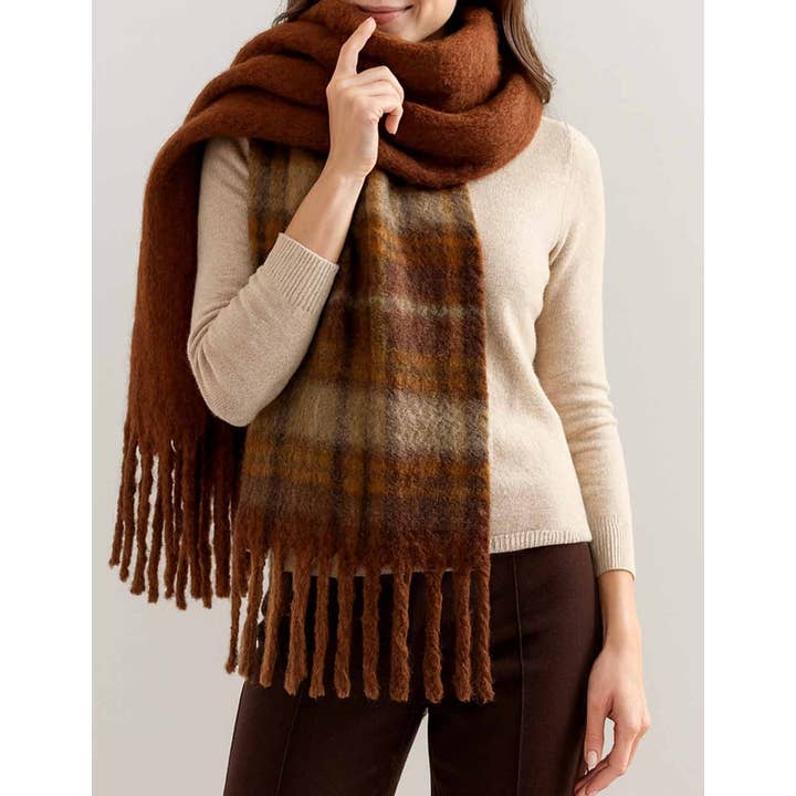 Sweetkama - Wholesale Scarf – Women's - Ladies Winter Bouclé Yarn Checked Fringe Shawl Knit Scarf5