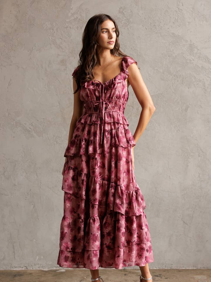 JD6583-FLORAL RUFFLED TIERED JACQUARD MIDI DRESS for wholesale by STORIA