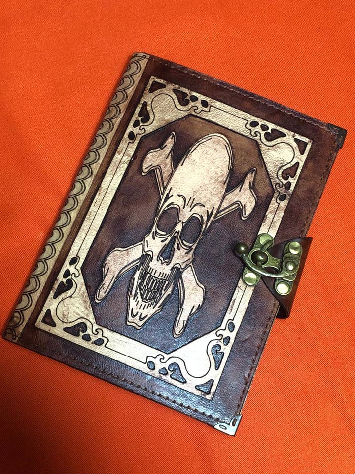 Skull Vintage Look Distressed Leather Journal Grimoire Diary for wholesale by ML Marcaleather