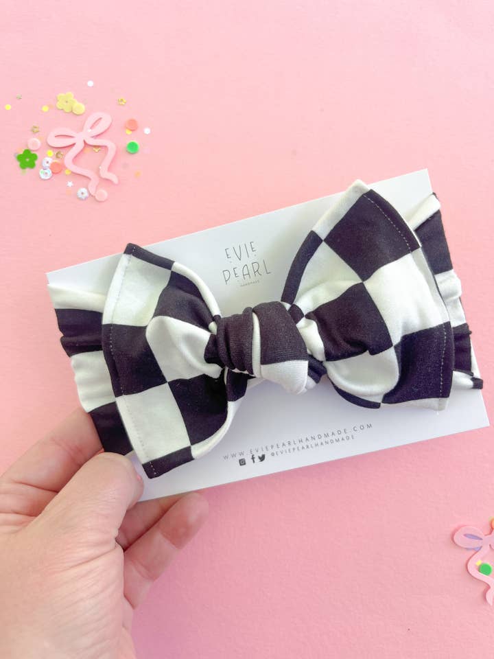 Black & White Checkered Baby Bow Turban for wholesale by Evie Pearl Handmade LLC
