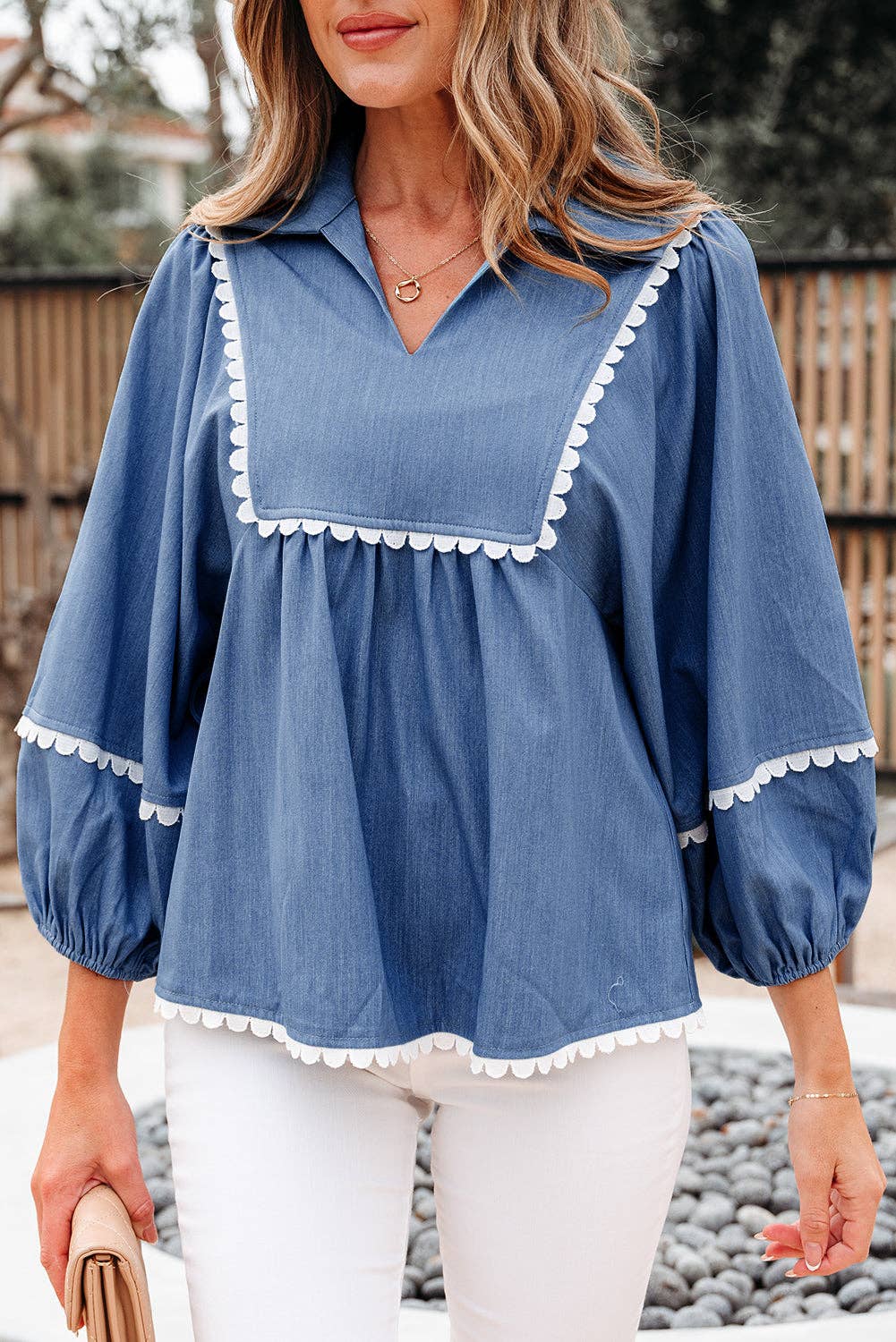 Dusk Blue Lace Ric Rac 3/4 Puff Sleeve Collared Babydoll Blouse for wholesale on Faire5