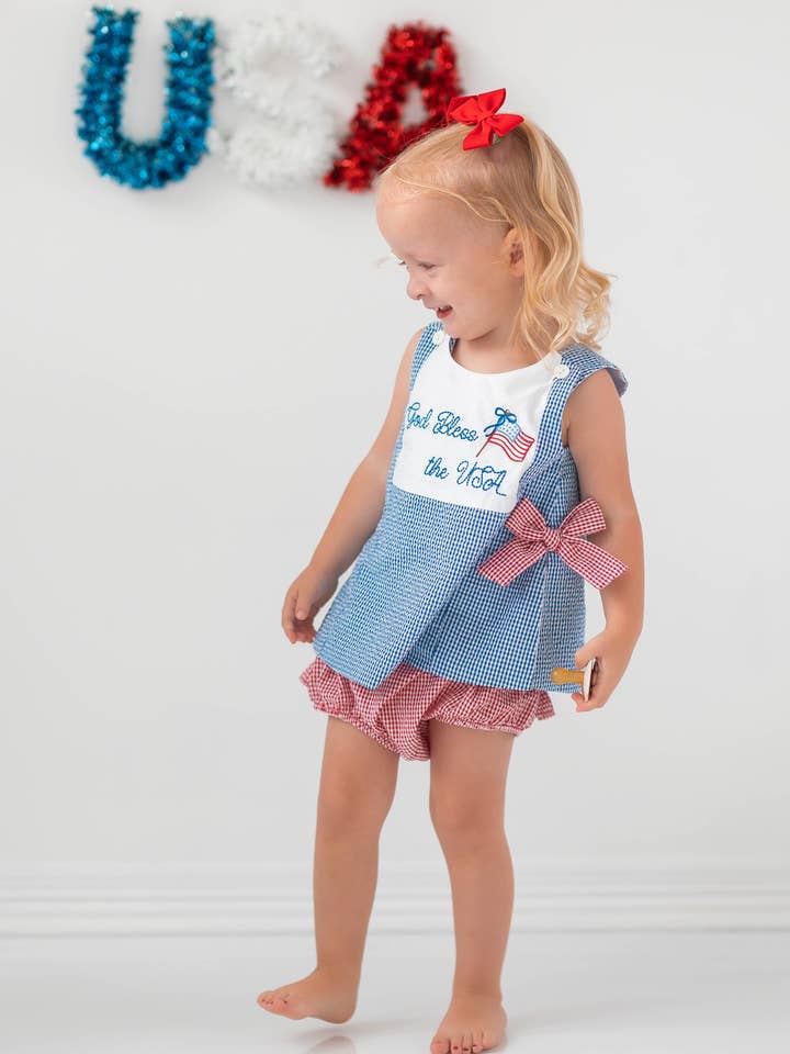 Posh Pickle - Wholesale Top & Short Set - Kids - God Bless The USA Popover Split Side Embroidered Top & Bloomer Set