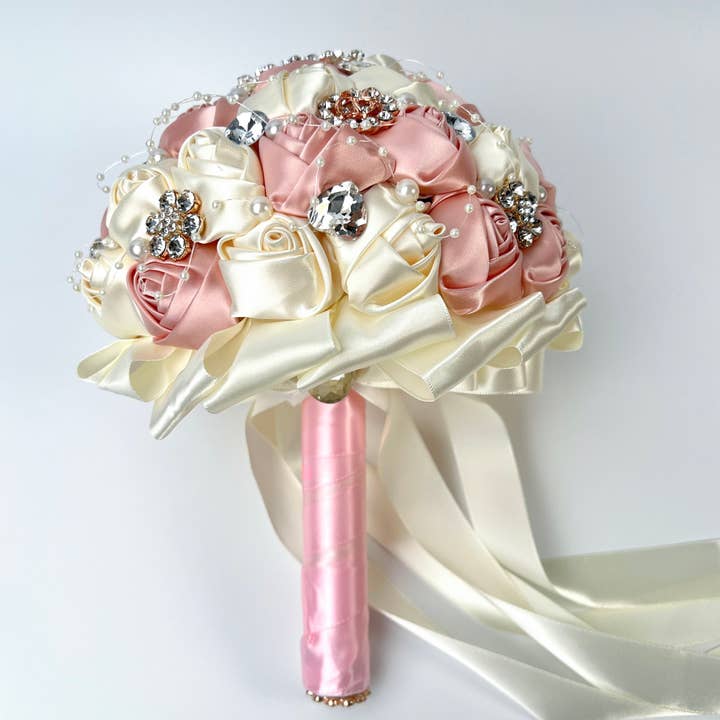 Floris Linens - Wholesale Artificial Flowers - Rhinestone / Pearl Bridal Brooch Rose Bouquet for Wedding