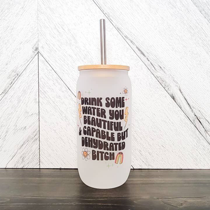 DIYxe - Wholesale Drinking Glass/Cup - Drink Some Water Frosted Glass Can with Bamboo Lid