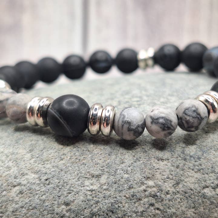 Grey Zebra Jasper & Agate Bracelet with Silver Accents for wholesale by Harper House Studio