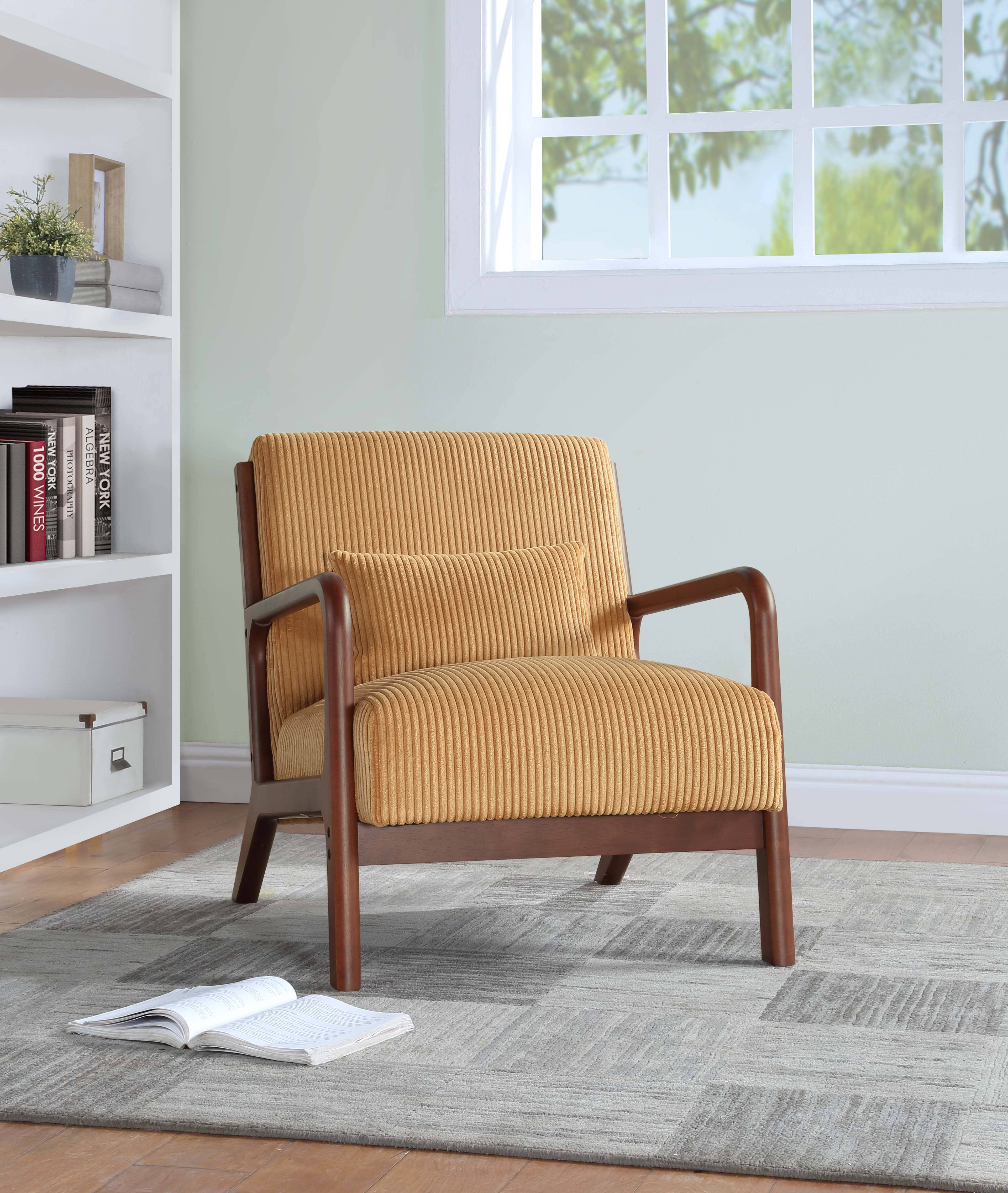 39F Inc. - Vente Chaises - Fauteuil en velours côtelé en bois, Gris/Beige/Jaune/Rose/Camel2