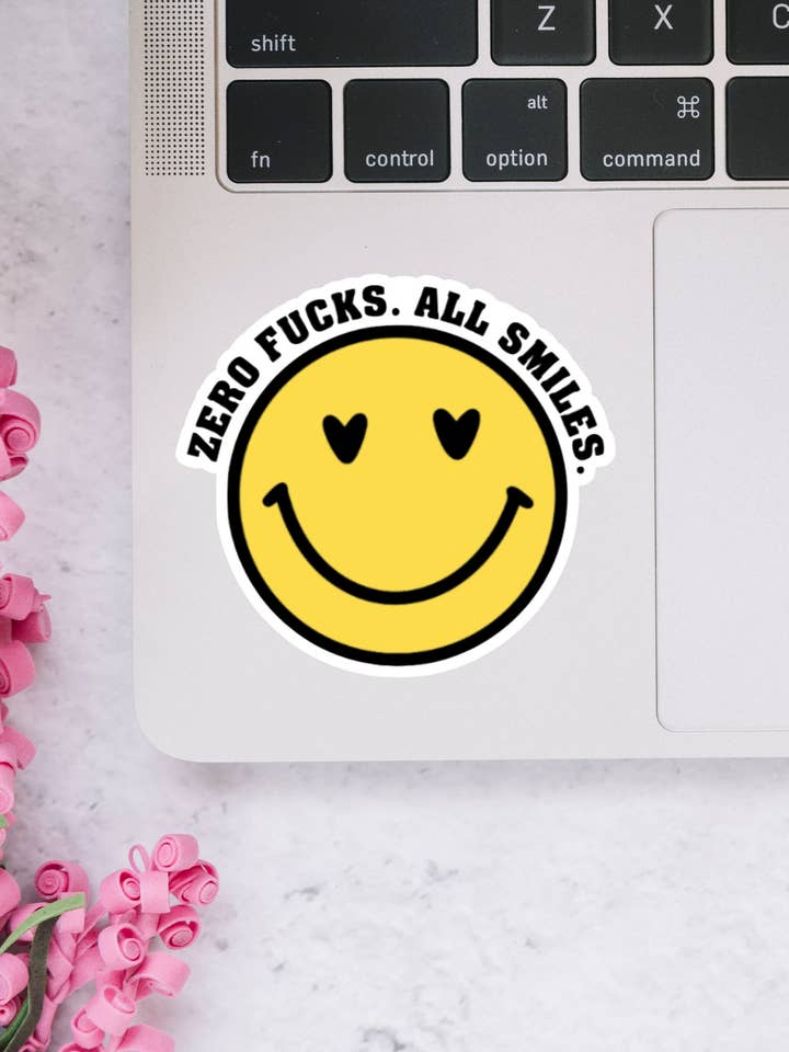 Zero F@*ks Smiley Face Sticker, Fun Sweary Stickers for wholesale by Dotesy Designs
