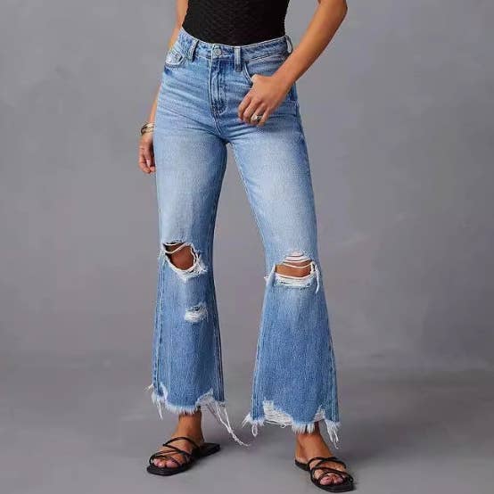 Blue High Waist Distressed Wide Leg Denim Pants with Tie-Dye Wash for wholesale on Faire1