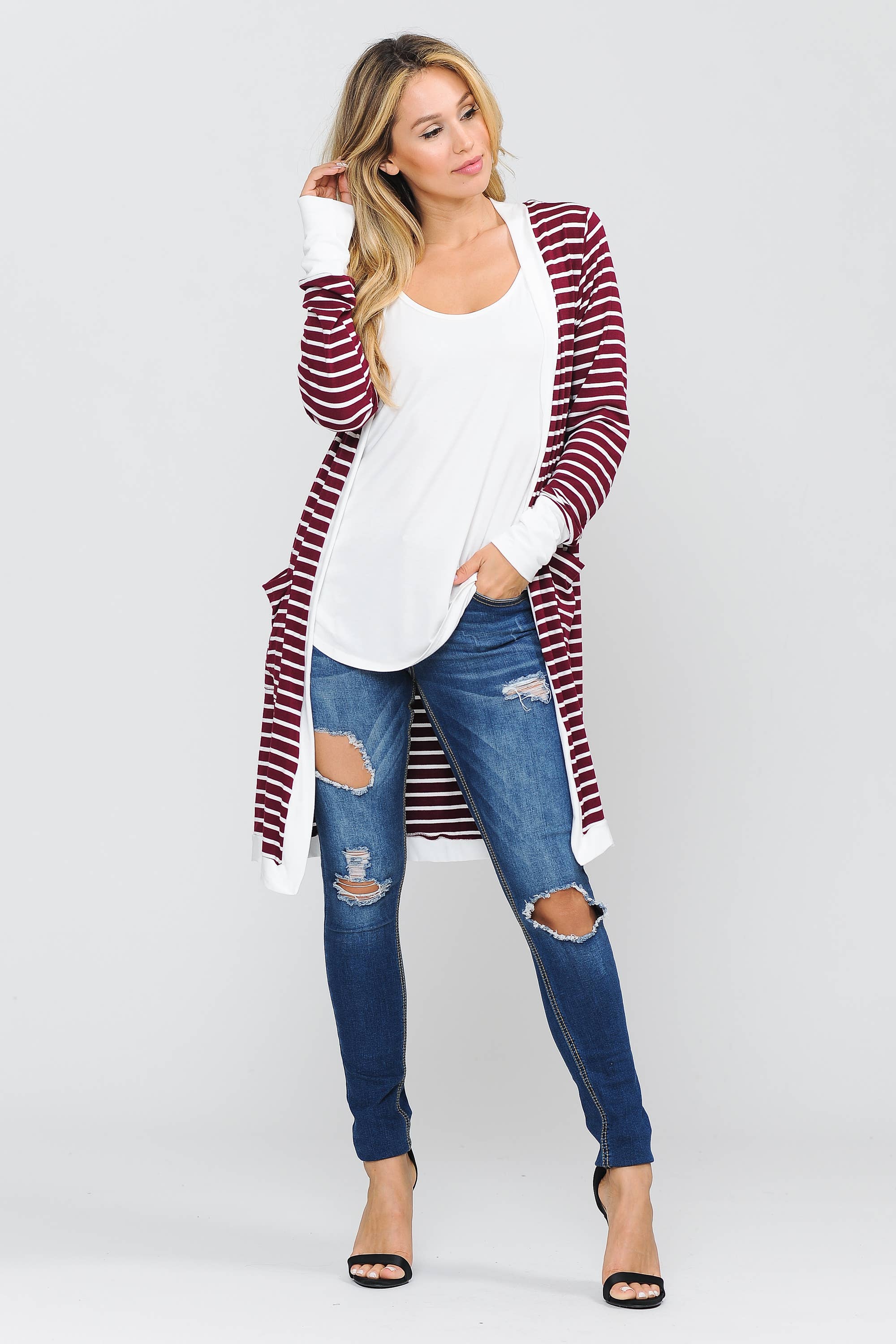 Burgundy Apparel - Wholesale Cardigan - Women's - Stripe Midi Open Cardigan0