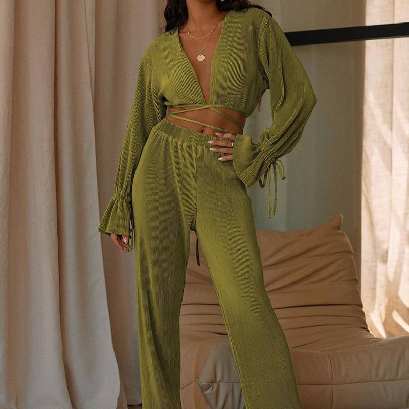 HIDDENBRAND - Wholesale Top & Pant Set (NOT Loungewear) - Women's - V-Neck Stylish Casual Sexy Two-Piece Set6