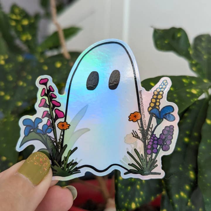 Garden Ghost Holo Sticker for wholesale by femmepossum