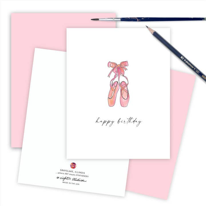 Girls Pink Ballet Shoes Birthday Greeting Card BALHB for wholesale by Eight21 Studios + Unique Greeting Cards, Art and Stationery